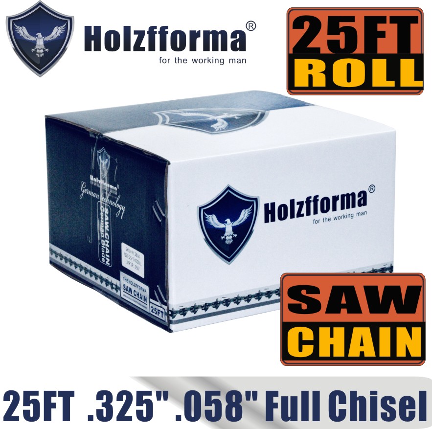 HolzFFORMA® 25FT Roll Full Chisel with a step of 0.325 inches and a caliber of 0.058 inches for Stihl Dolmar Echo McCulloch Homelite Jindaiwa Makita Efco Oleo Mac Oleo Mac Oregon Carlton Carlton Chan Saw with 10 pcs. appropriate connecting links and 6 boxes