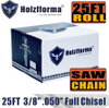 Holzfforma® 25ft Roll Full Chisel with a step of 0.3/8 inches, a caliber of 0.050 inch for Stihl Dolmar Echo McCuloch Homelite Jindaiwa Makita Efco Oleo Mac Oregon Carlton Benzopil 10 pcs. appropriate connecting links and 6 boxes