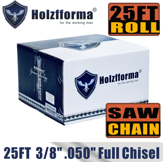 Holzfforma® 25ft Roll Full Chisel with a step of 0.3/8 inches, a caliber of 0.050 inch for Stihl Dolmar Echo McCuloch Homelite Jindaiwa Makita Efco Oleo Mac Oregon Carlton Benzopil 10 pcs. appropriate connecting links and 6 boxes