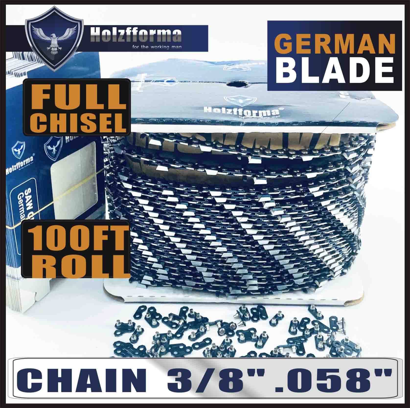 HolzFFORMA® 100FT ROLL 3/8 '0.058' '' Pile chain with a full bit, 40 sets of suitable connecting links and 25 boxes