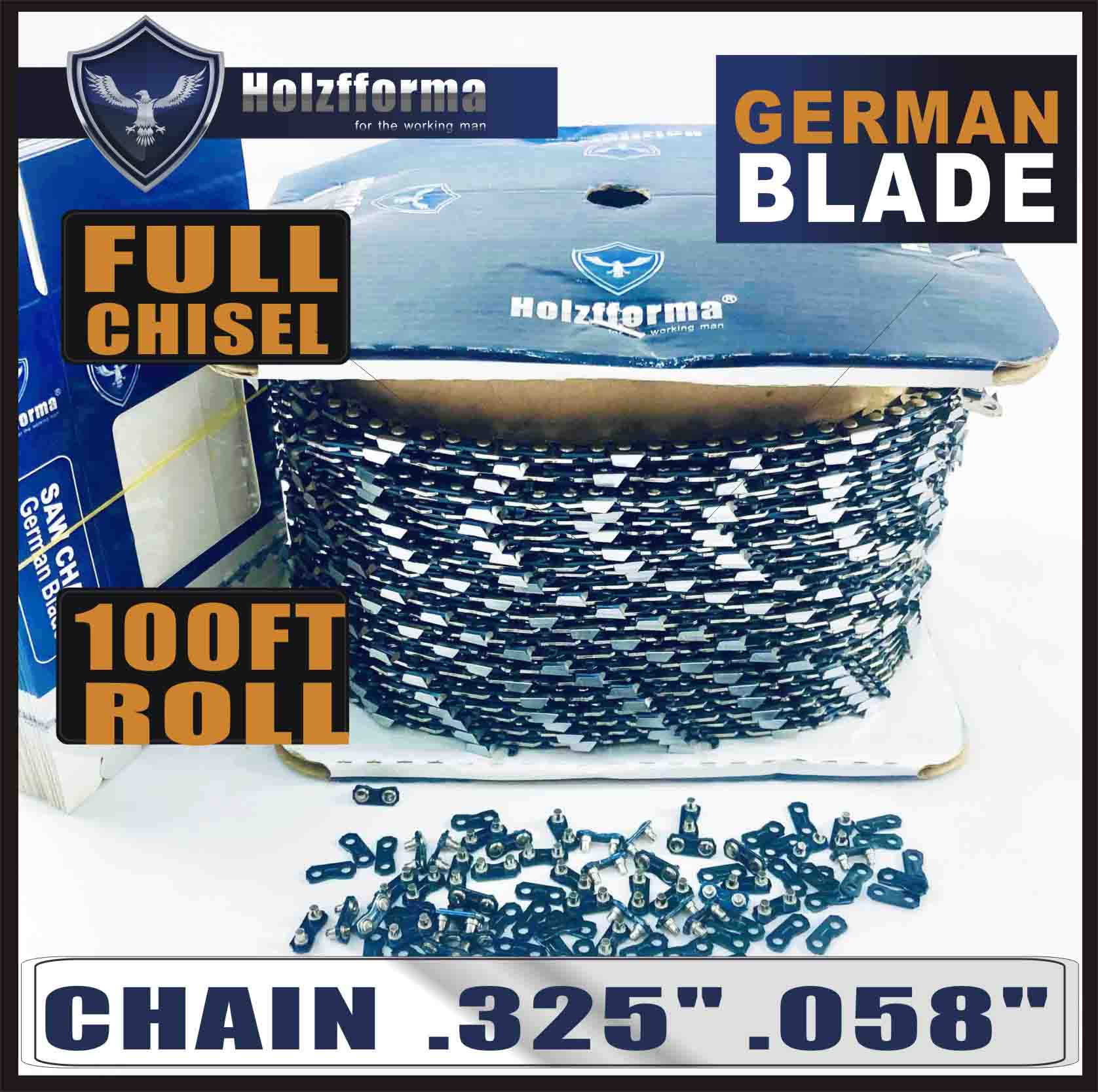 HolzFFORMA® 100FT ROLL 0.325 0.058-inch sawing chain with full bit, 40 sets of suitable connecting links and 25 boxes